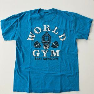 World Gym east meadow vintage graphic weightlifting t shirt size L teal